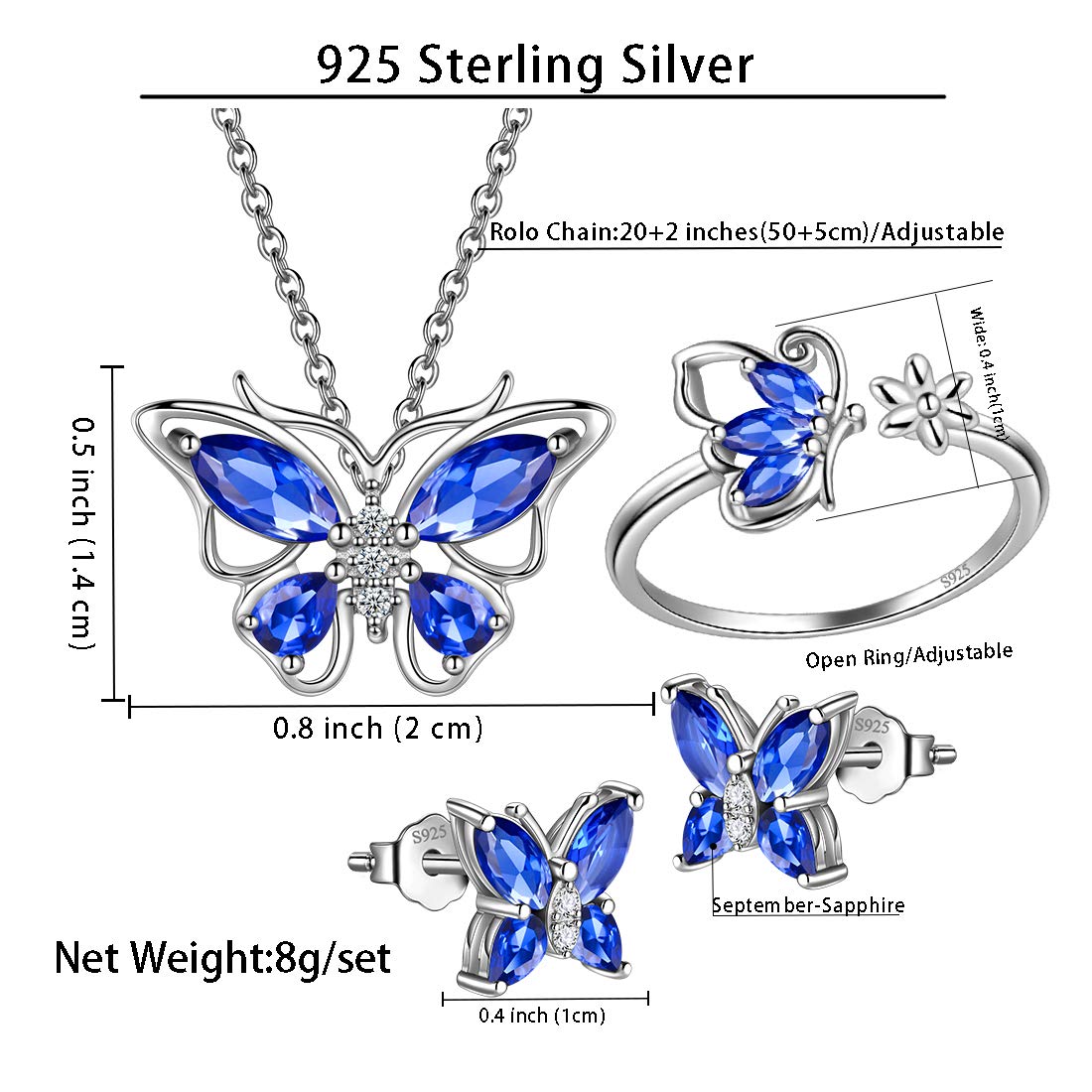 Hipunk Butterfly Blue Jewelry Sets Birthstone Women 925 Sterling Silver September-Sapphire Birth Stone Animal Butterflies Jewelry Sets/Earring/Ring Set Crystal Birthday Jewelry SS0002S