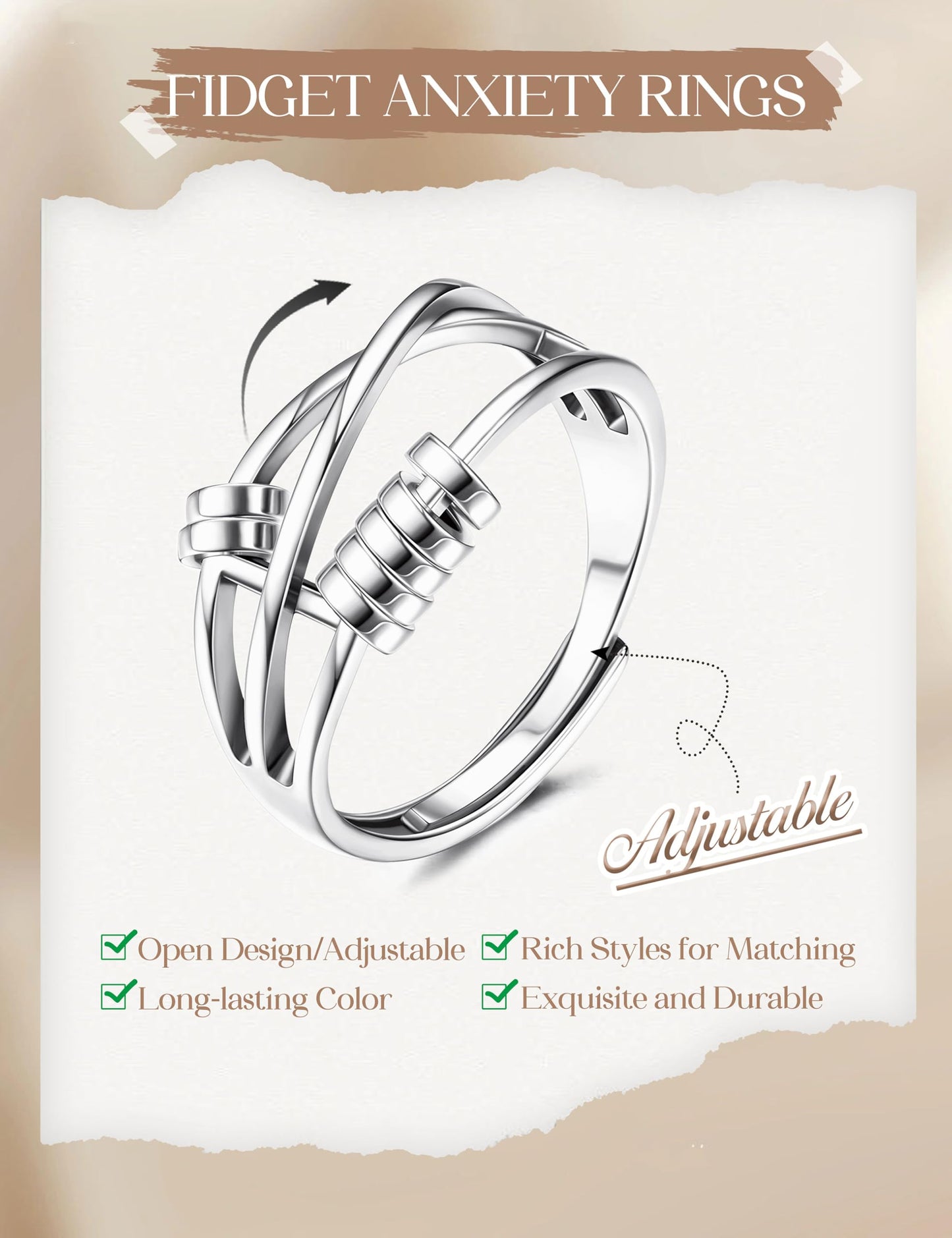 MILACOLATO 14K Gold Plated Fidget Ring for Women Adjustable Anxiety Rings Open CZ Butterfly Sunflower Bead Spinner Rings for Anxiety Stress Relief S