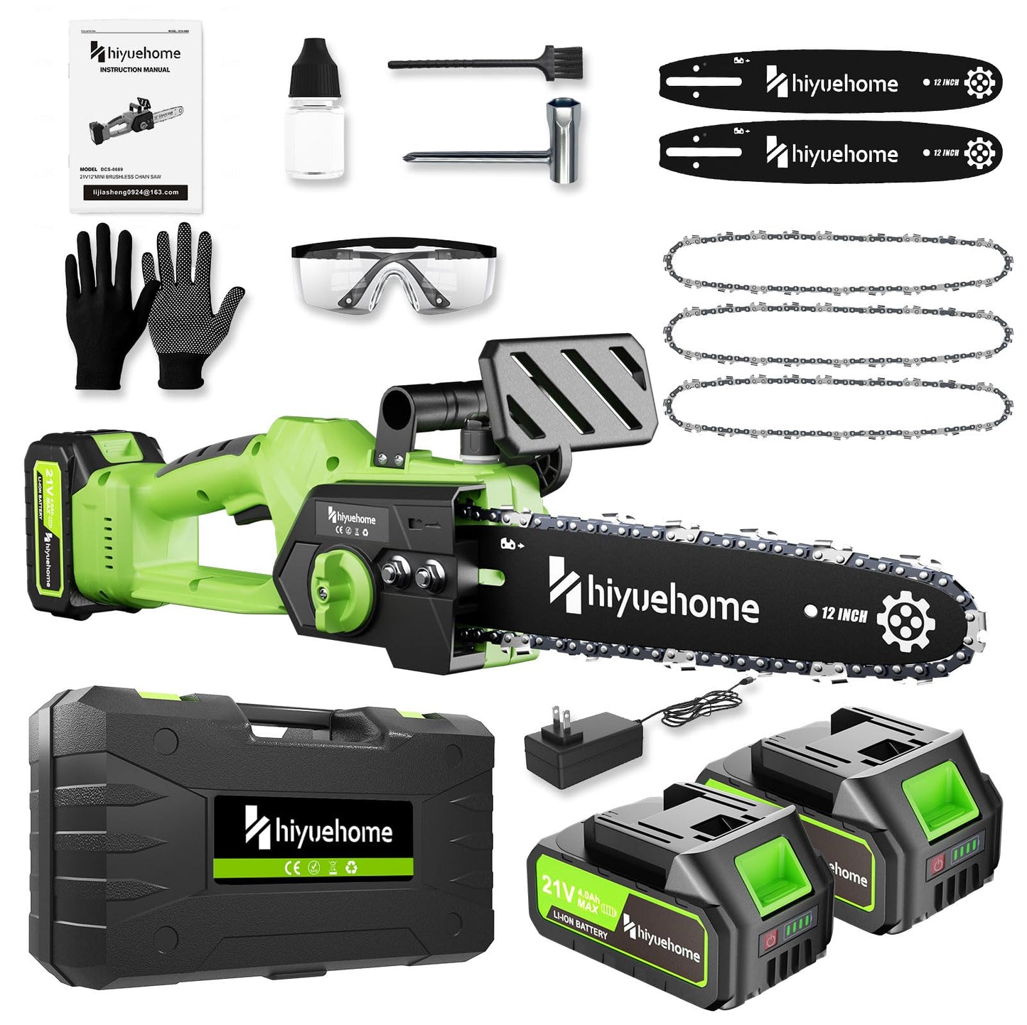 hiyuehome Power Chainsaw 12inch,Chainsaw Cordless w Automatic Oiler, Handheld Electric Power Chain Saw w Security Lock, Brushless Motor,for Wood/Trees Trimming (Green - 2 batteries, 12 INCH)