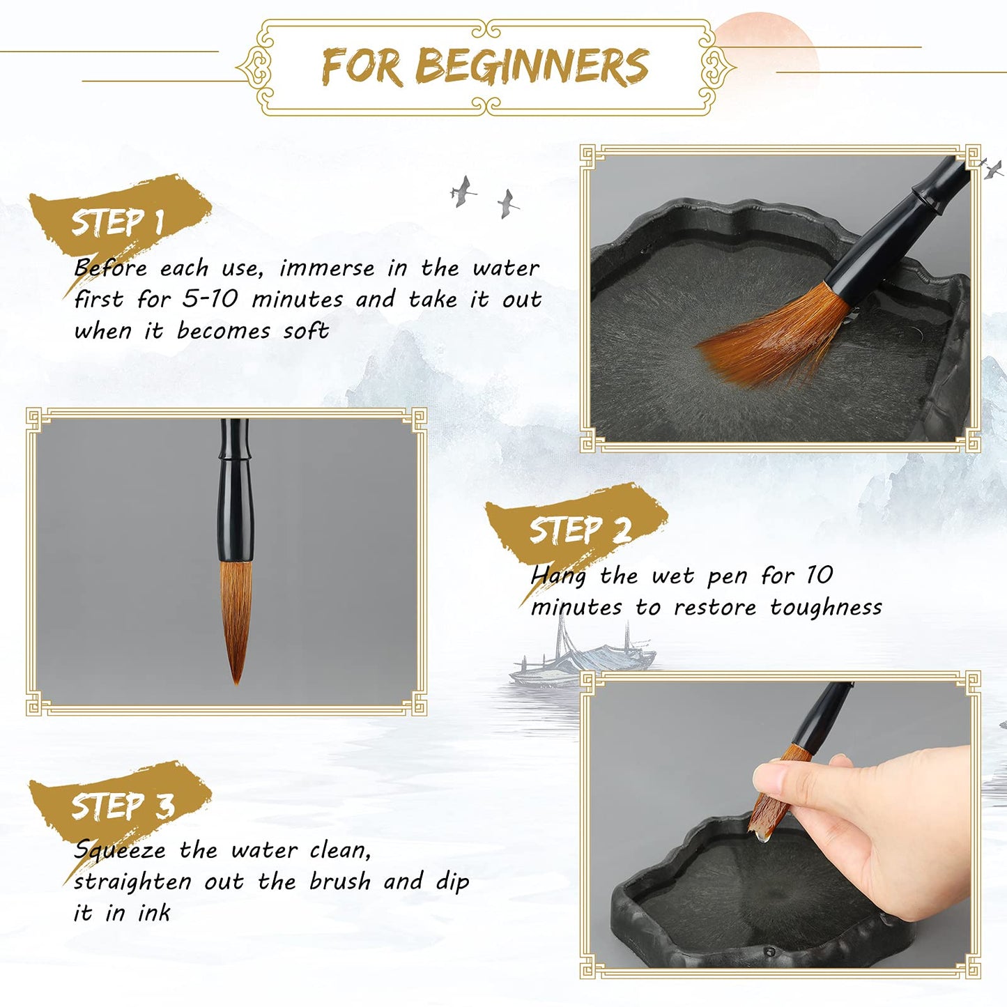 Marspark 12 Pieces Chinese Calligraphy Brushes Painting Writing Watercolor Ink Brushes Set for Kanji Japanese Sumi Drawing with Roll-up Holder