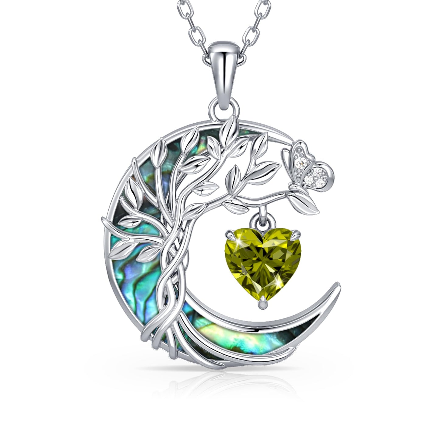 Distance Tree of Life Birthstone Necklace for Women, S925 Sterling Silver Premium Abalone Shell Moon Pendant August Heart Birthstone Necklace, Peridot Jewelry Christmas Birthday Gifts for Her Mom Wife