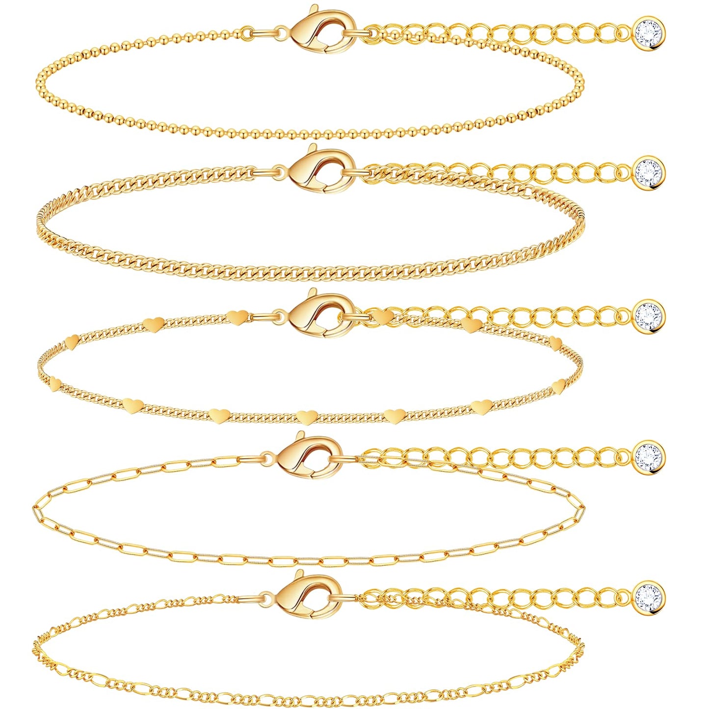 Gold Bracelets for Women Waterproof, Gold Dainty Jewelry Sets Gifts for Women, Stackable Layered Simple Thin Beaded/Cuban/Paperclip/Heart/Figaro Bracelets for Women Fashion Accessories