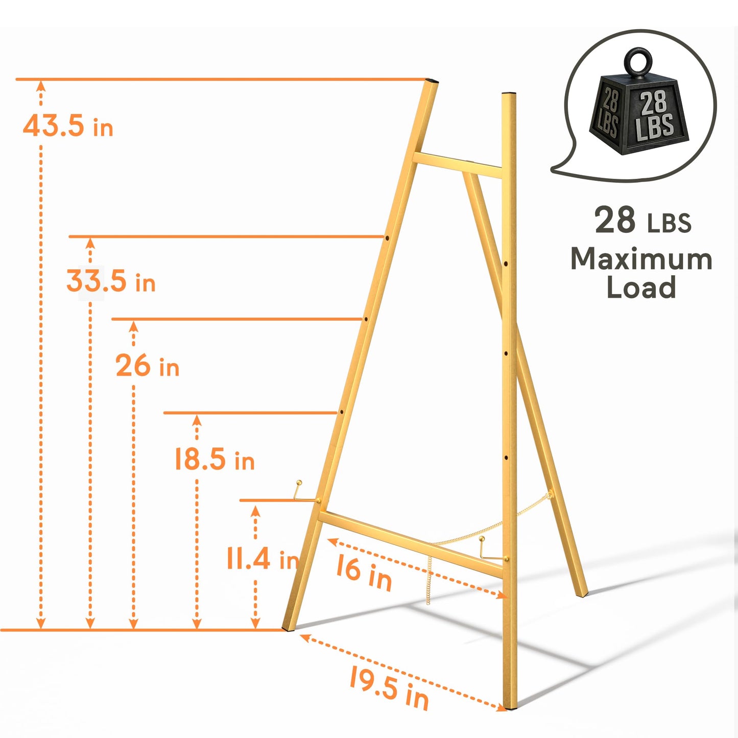 Gold Metal Easel Stand for Sign,Heavy Duty Art Easel with Adjustable Chain,Tripod Structure,4-Level Height—Easels for Wedding Welcome Sign Holder,Baby Shower Poster,Birthday Party,Posters