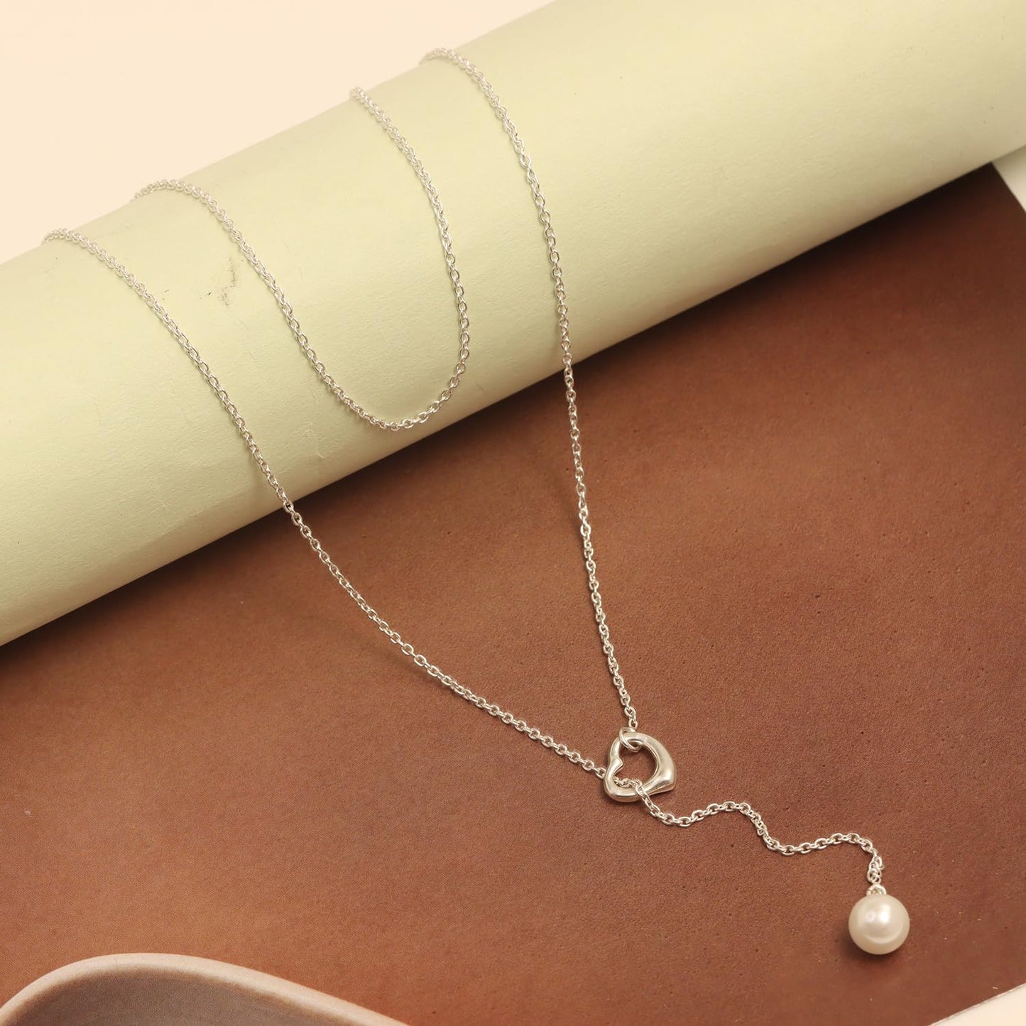 LeCalla 925 Sterling Silver Freshwater Pearl Heart Pendant Necklace Open Heart Lariat Necklace Pendant with Cable Chain for Women 24 Inches