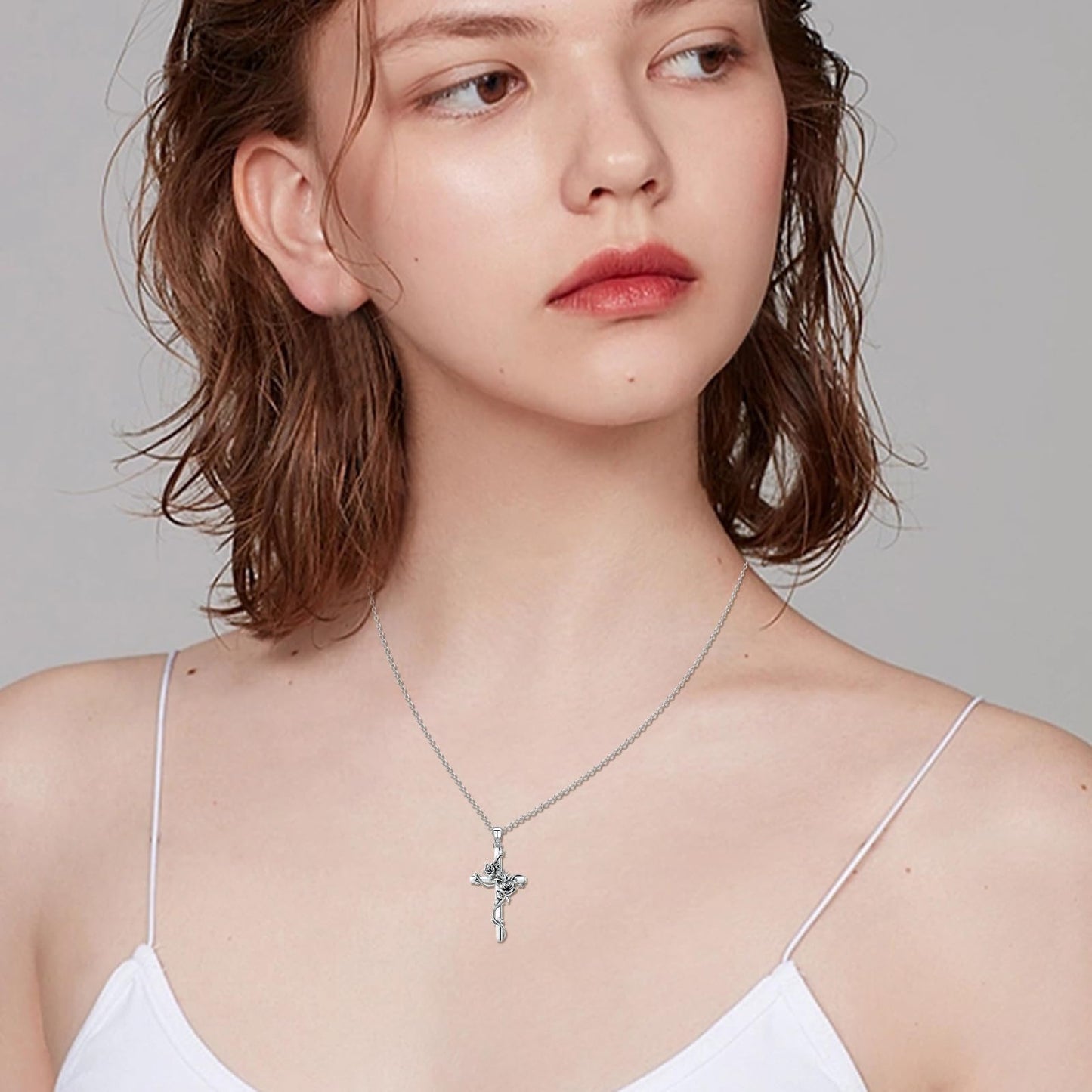 Cuoka Cross Necklace - 925 Sterling Silver Rose/Sunflower/Tree of Life/Family Tree Cross Pendant Jewelry - Spiritual Symbol of Religion Faith Love & Family Connection Beautiful Gift for Women Moms and ChristmasThanksgiving Day Baptism Special Occasions