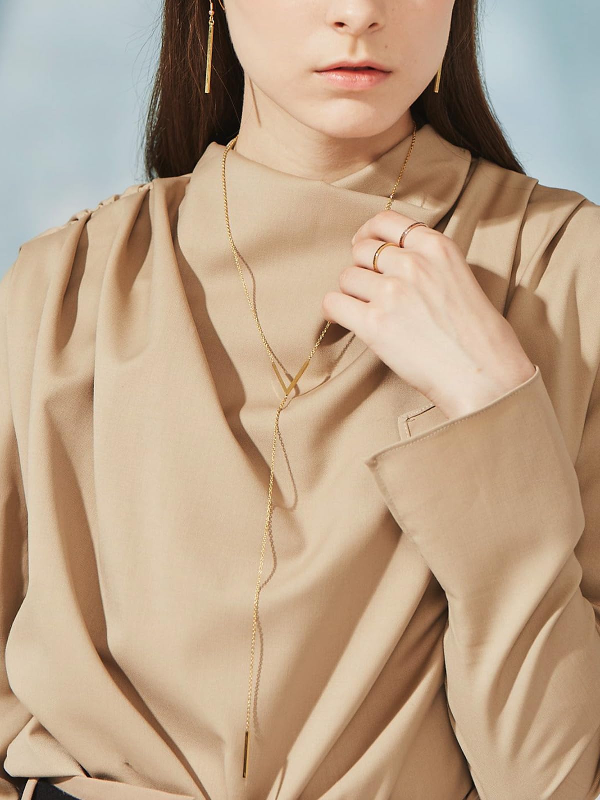 FOCALOOK Bar Pendant Y Gold Necklace Hypoallergenic Stainless Steel 14K Gold Plated Minimalist Dangle Extra Long Pendant Lariat Necklaces for Women