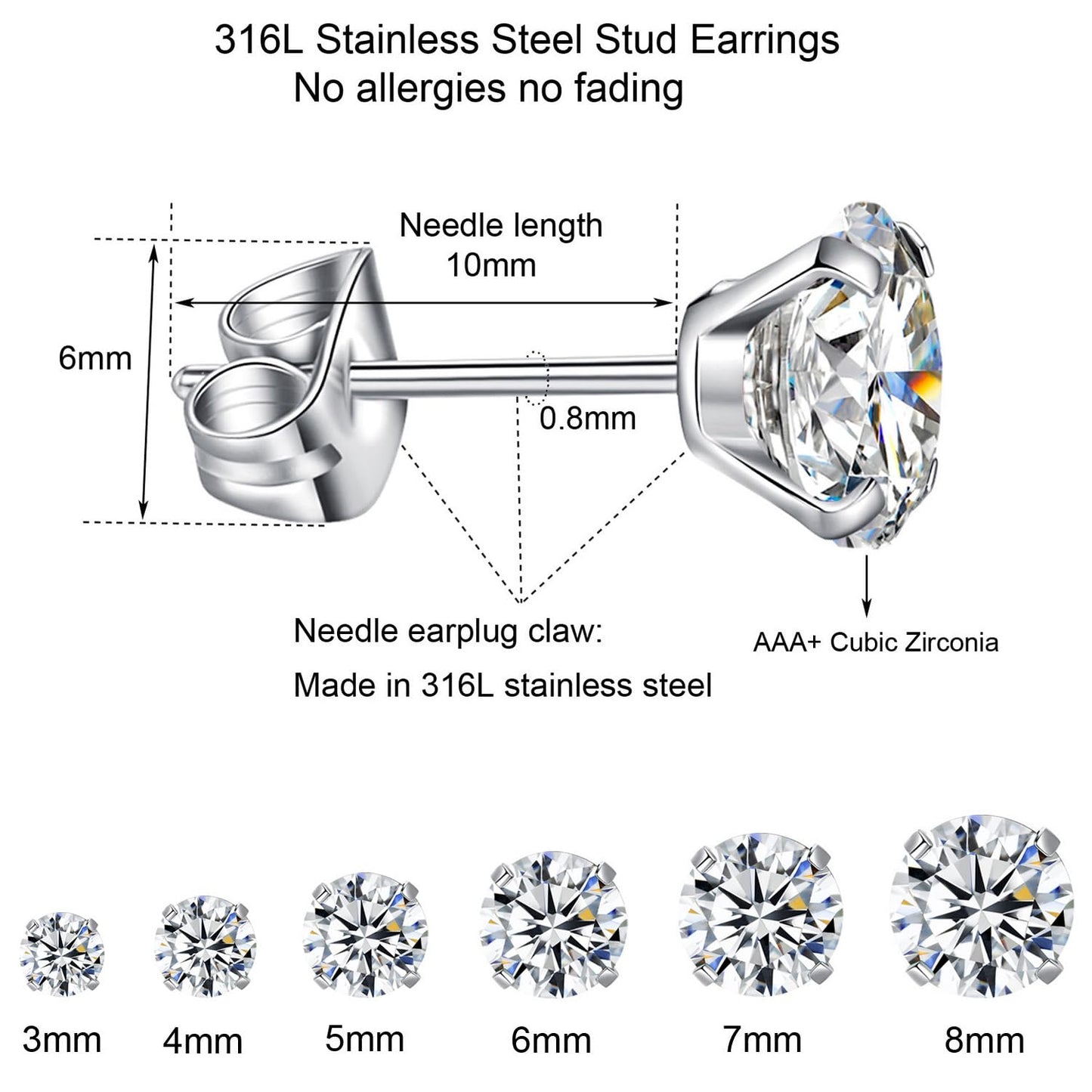6 Pairs Stud Earrings Set, Hypoallergenic Cubic Zirconia Earrings 316L Stainless Steel CZ Earrings 3-8mm (White CZ)