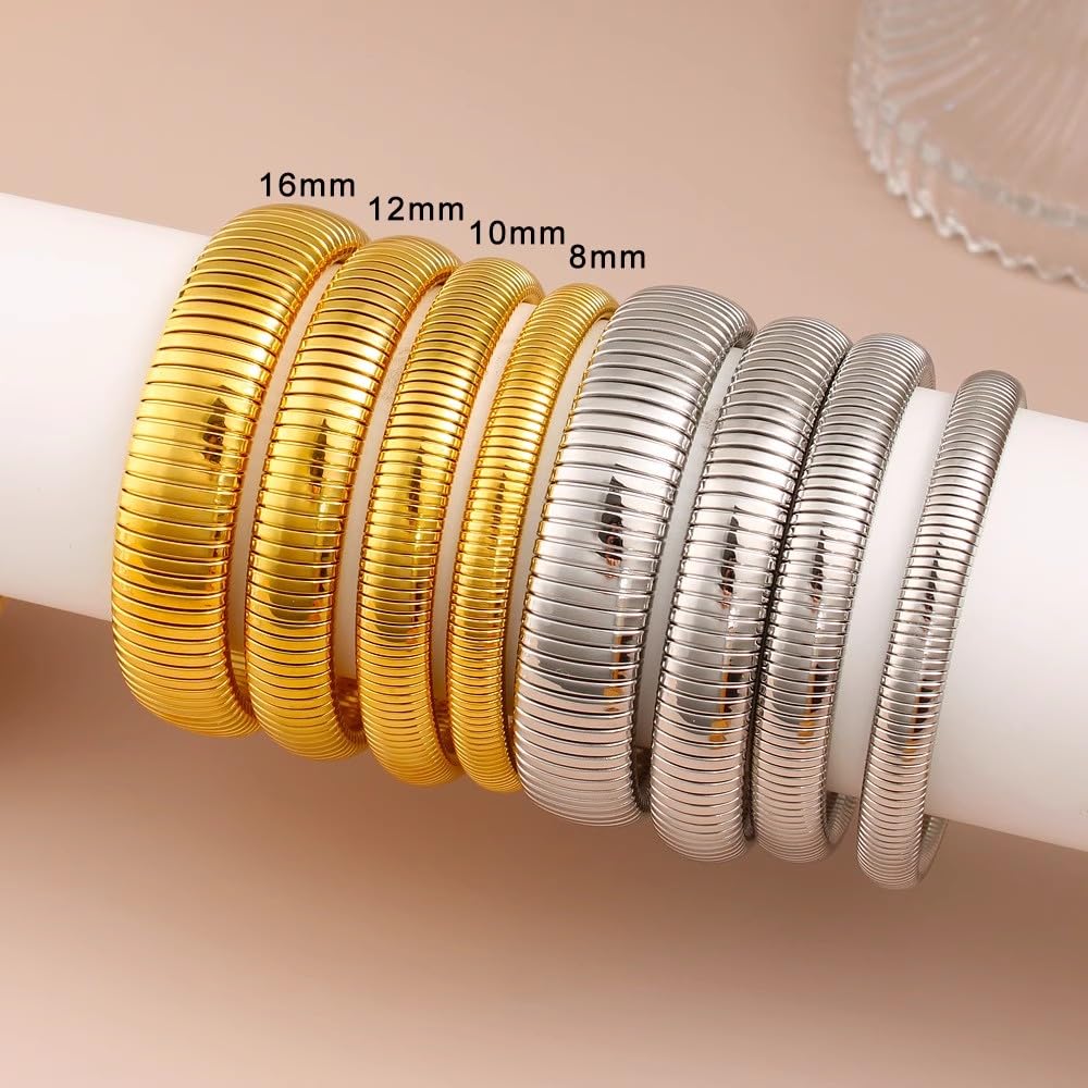 JUNYANGY Silver Bangles for Women Set of 3 Silver Chunky Stretch Bangles Bracelets 925 Silver Plated Stainless Steel Bracelets Flexible Wide Stack Bracelet Designer Look Alike Jewelry for Women
