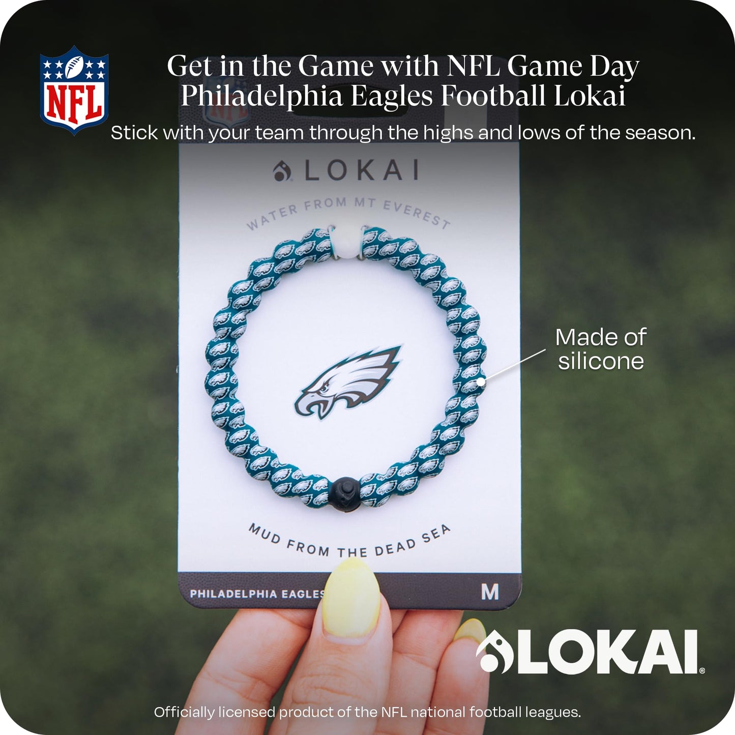 Lokai Silicone Beaded Bracelet for Men & Women, NFL Football Collection - Philadelphia Eagles, Green Logo, Medium - Silicone Jewelry Fashion Bracelet Slides-On for Comfortable Fit