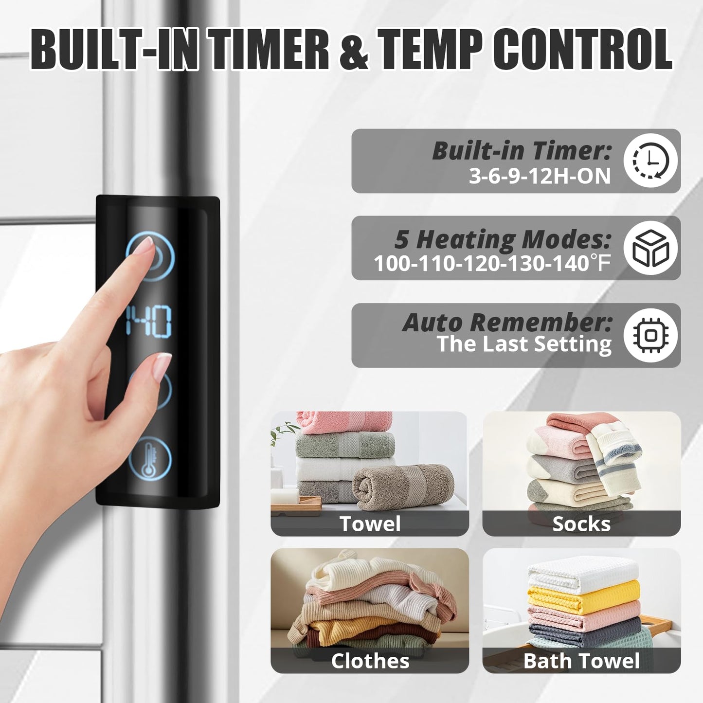 R FLORY Heated Towel Rack for Bathroom, 6 Bar Wall Mounted Towel Warmer Rack Flat with Timer & Temperature, Electric Towel Heater with LED Display Screen, Plug-in