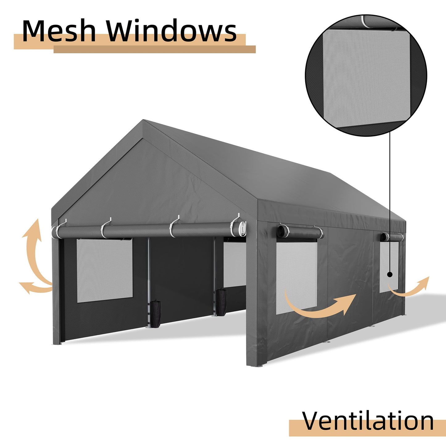 JY QAQA Carport, 12x20 FT Heavy Duty Carport with Removable Side Walls and Doors, Portable Garage with Roll-Up Window and Sandbags, Car Canopy with All-Season Tarp for Cars, Trucks, Boats, Grey