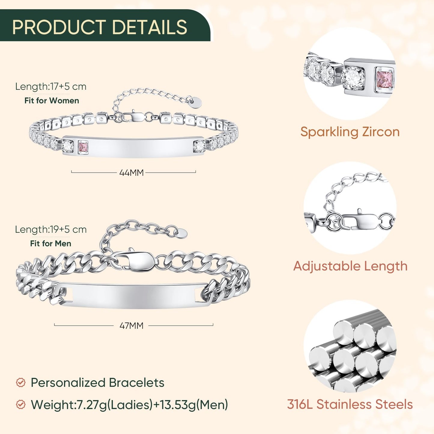 Personalized Matching Bracelet for Couple - Custom Engraving Couple Bracelets,Stainless Steel Long Distance Relationship Jewelry,Promise Bracelets for Him/Her,Valentine's Day Anniversary Birthday Gift