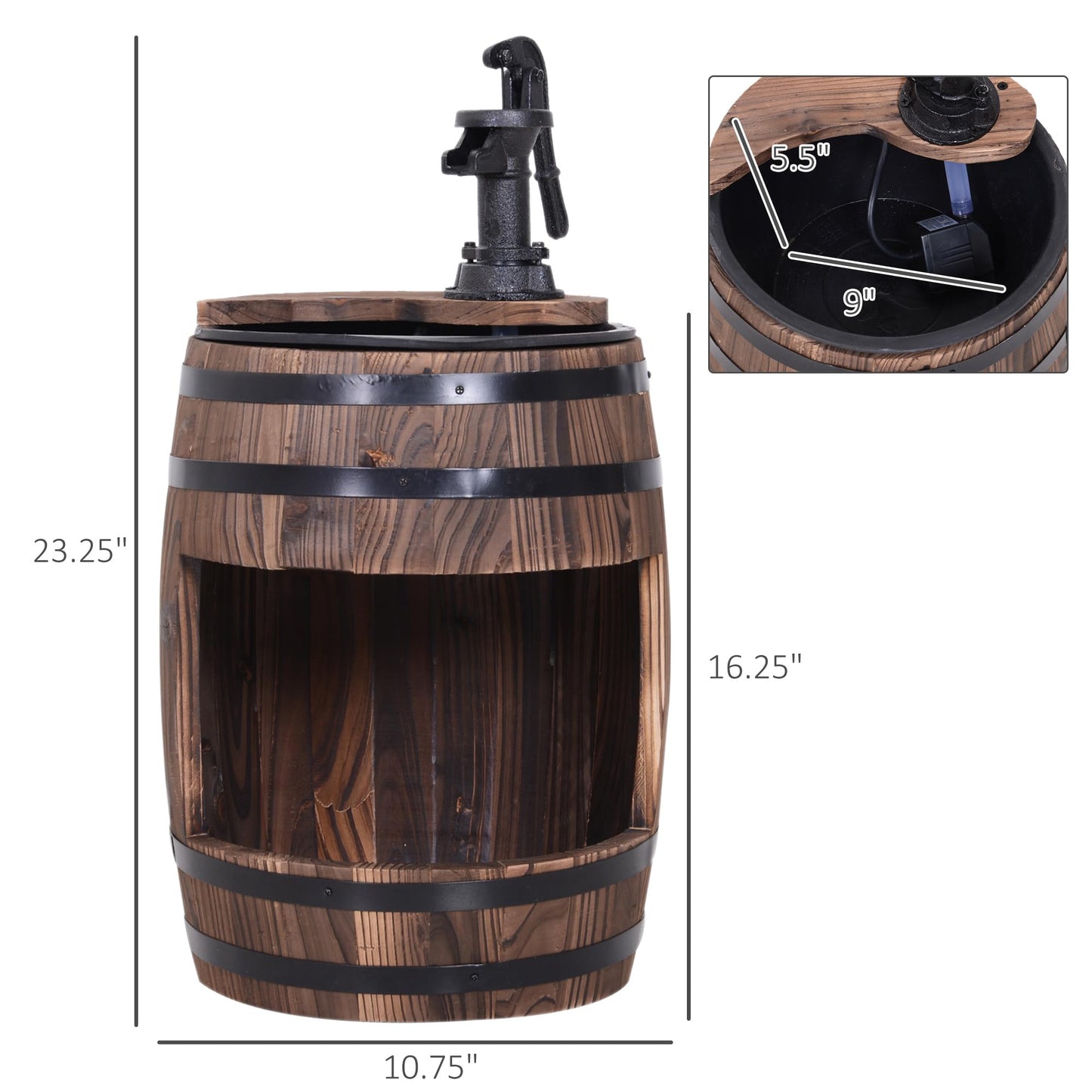Outsunny 23" H Outdoor Water Fountain Wood and Plastic Rustic Apple Barrel Pump Garden Decor for Outside Backyard
