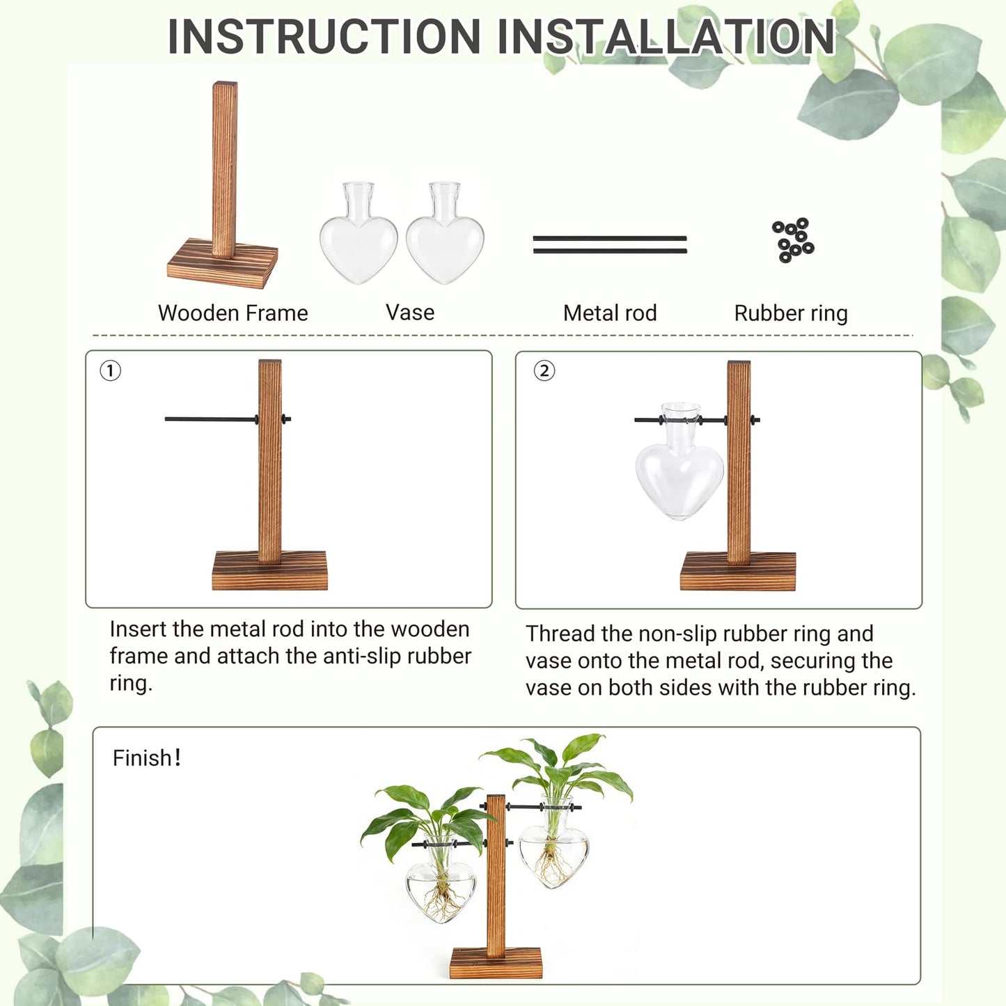 Mkono Heart Shaped Propagation Station with Wood Stand, Glass Hydroponic Planter Desktop Plant Terrarium for Home Office Decor, Gifts for Plant Lovers - 2 Love Bulb Pot Vase