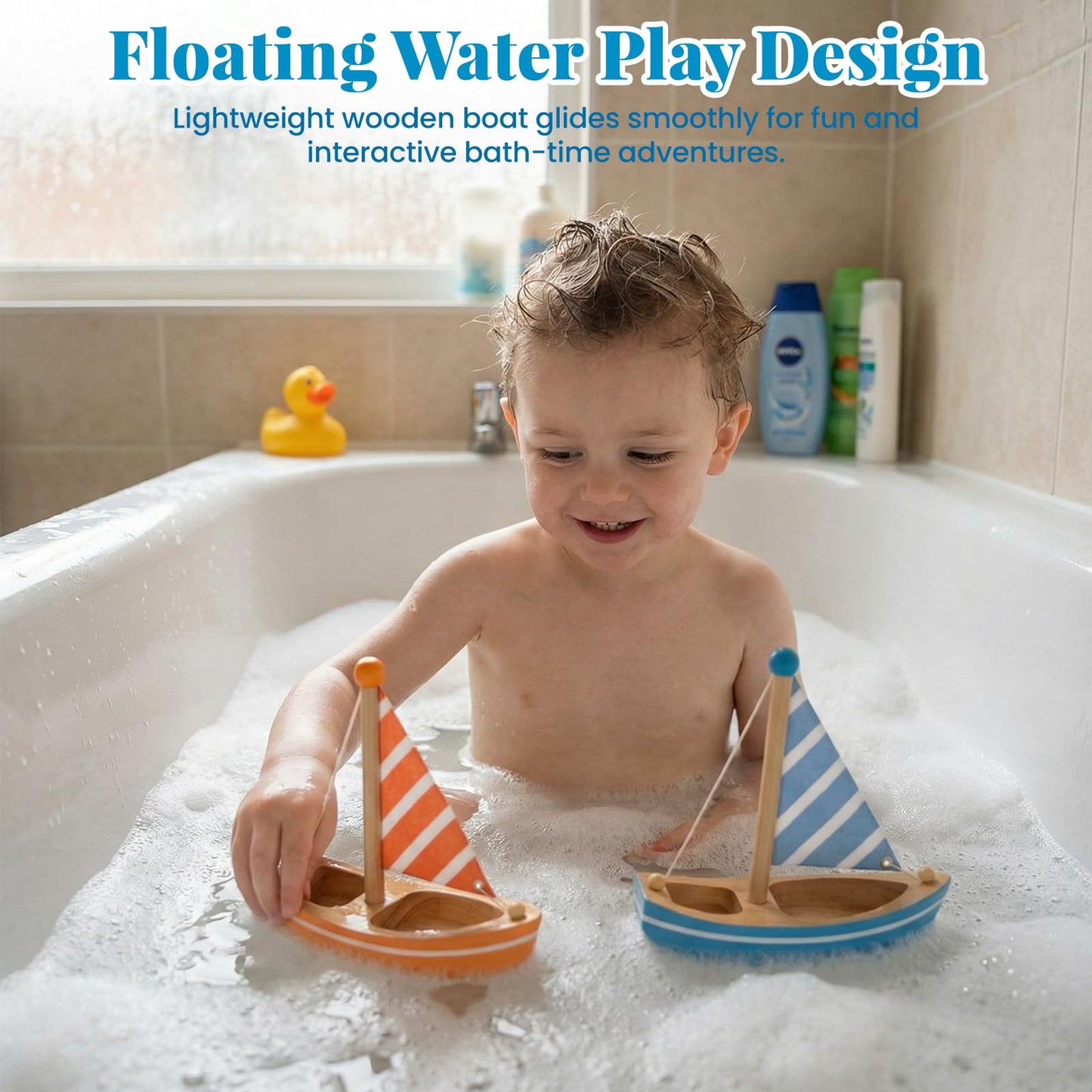 Wooden Bath Toys, 2 Pcs Sailboats for Kids, Pretend Play Motor Skills, Kids Bath Toy Floating Boat
