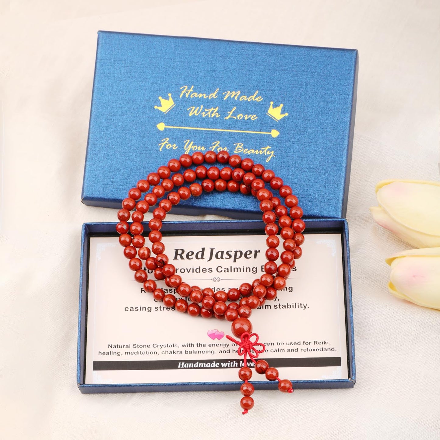 AD Beads 6mm 108 Prayer Mala Red Jasper Elastic Bracelet - Stone Provides Calming Effects - Handmade Yoga Meditation Healing Power Energy Gifts for Unisex Adult.
