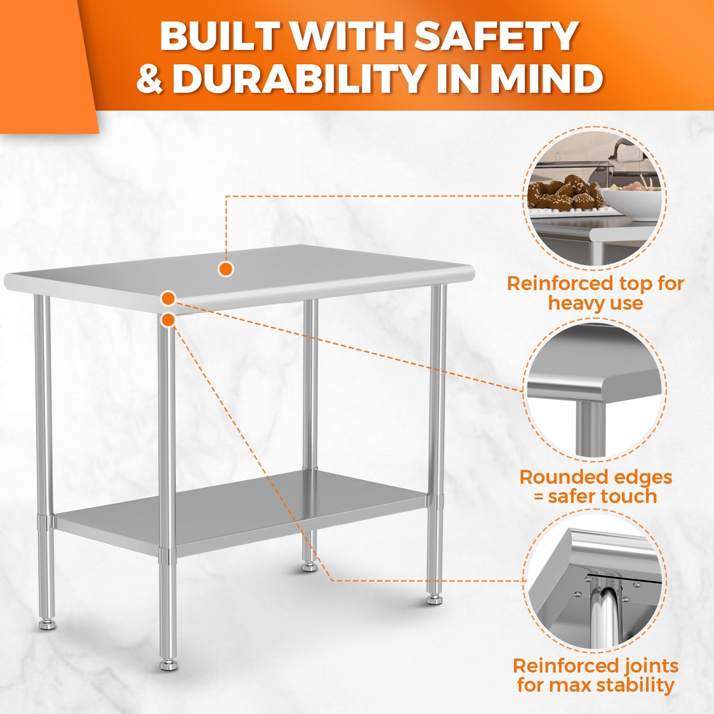 HOCCOT All Stainless Steel Work Table, Heavy Duty Prep Table 24x36 Inch with Stainless Steel Undershelf & Replaceable Feet(Without Casters) Commercial Workstation for Restaurant Kitchen Garage Outdoor