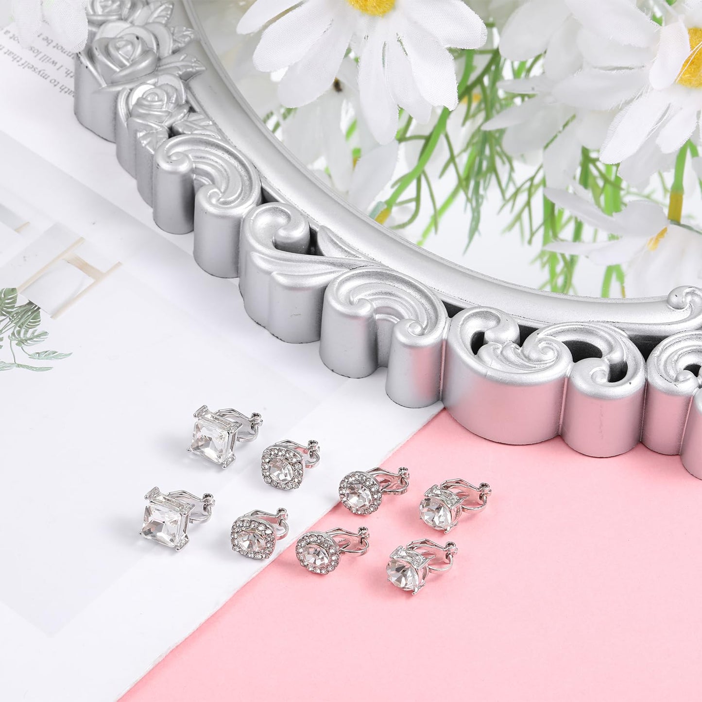 4 Pairs Cubic Zirconia Clip on Earrings, Cubic Zirconia Stud Earrings for Women Mens Stainless Steel Stud Earring in Square, Round & Teardrop Shapes CZ Stud Earring Set for Women