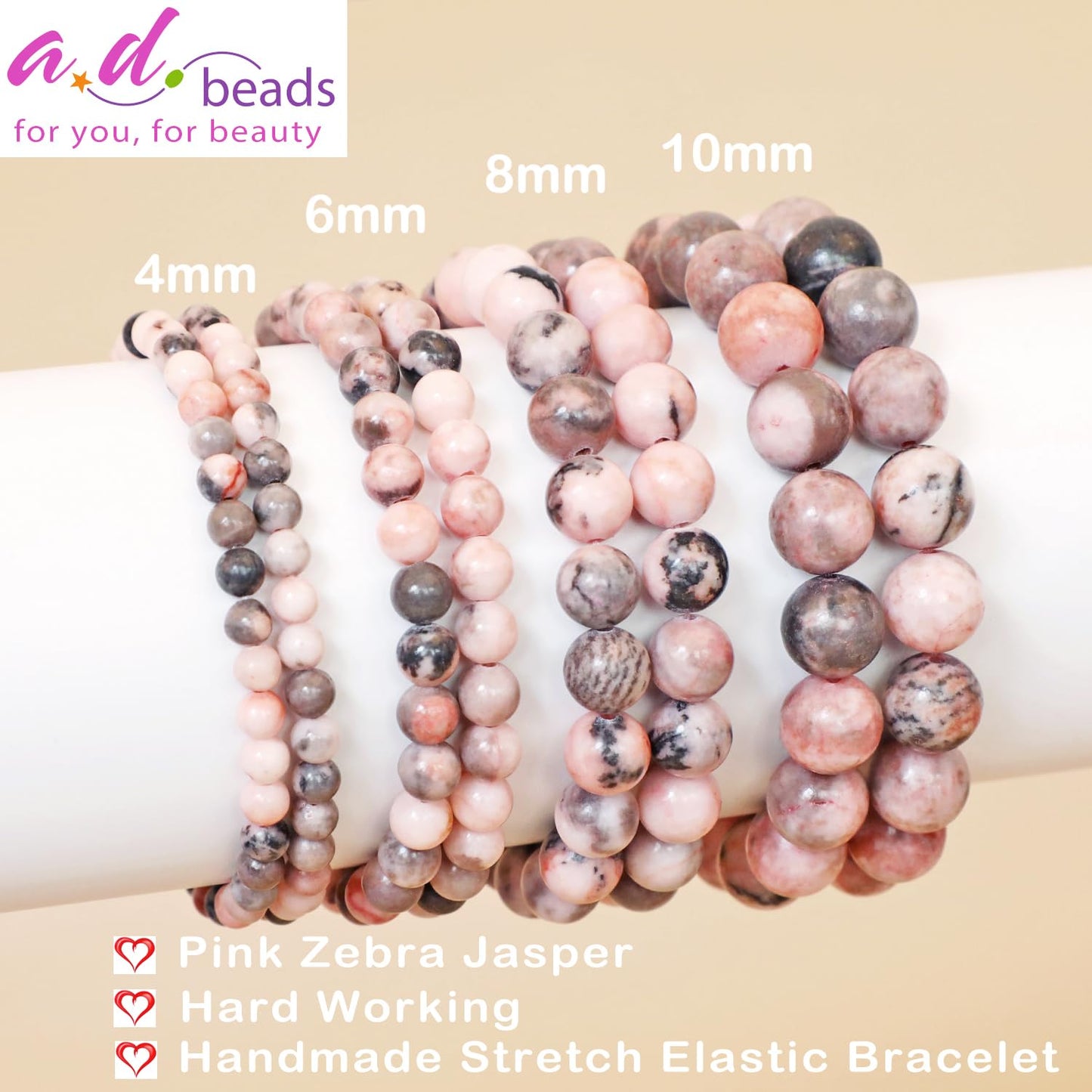 AD Beads Handmade Gemstone Stretch Elastic Bracelet Crystal Healing Reiki Nature's Beauty and Spiritual Essence Unisex (6mm, Pink Zebra Jasper (Hard Working))