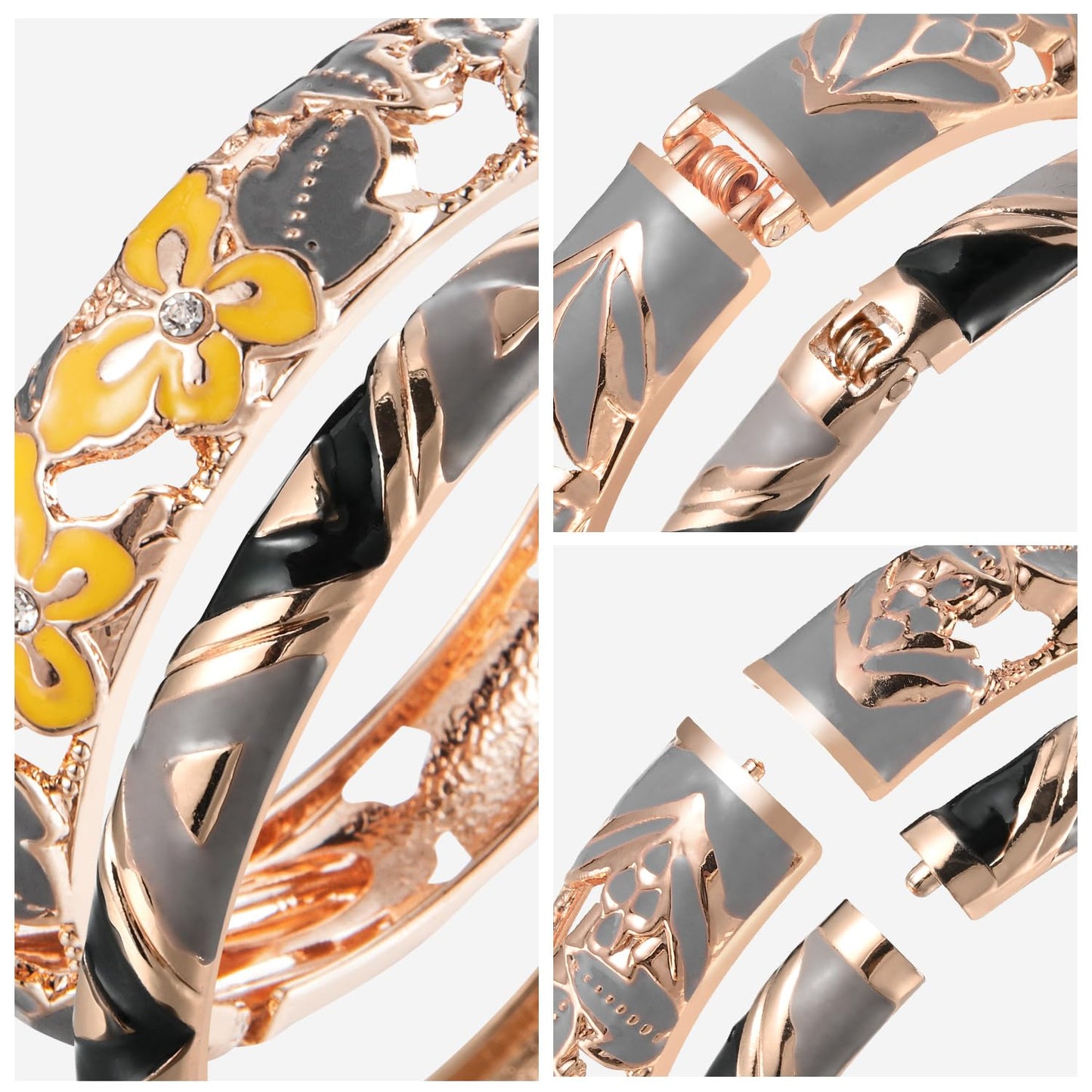 UJOY Vintage Jewelry Cloisonne Handcrafted Enameled Gorgeous Rhinestone Butterfly Gold Hinged Cuff Bracelet Bangles Gifts 88A09-3PCS grey