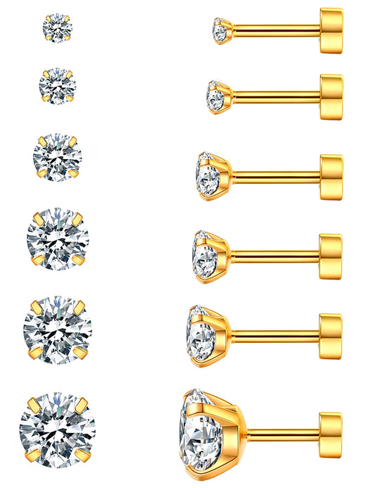 6 Pairs Hypoallergenic Cubic Zirconia Earrings Surgical Steel Flat Back Studs for Cartilage, Screw Back Fashion Jewelry