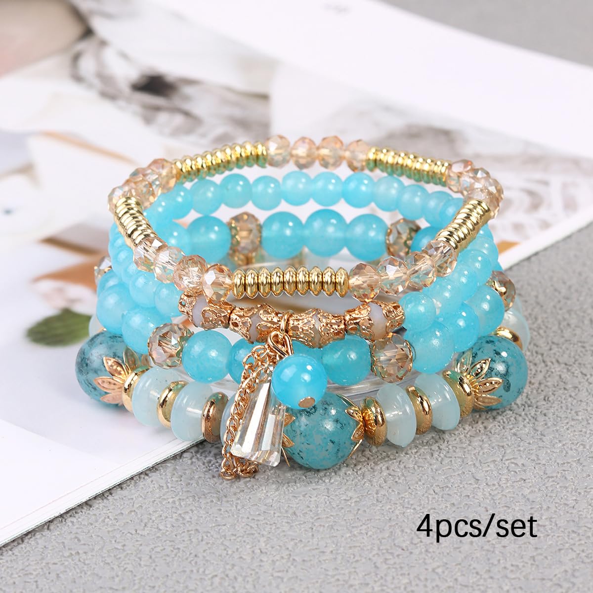 LOTSOF Bohemian Green Jade Stackable Bracelet Set - 4-Layer Stretch Beaded Bracelets with Gold Accents, Boho Jewelry for Women, Fashion Statement Accessory (Gift Ready) (Lake Blue)