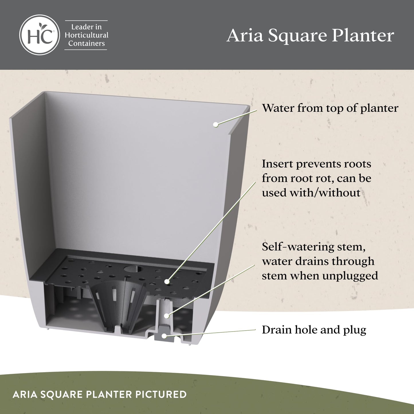 The HC Companies Aria Self Watering Square Plant Pot w/Drainage - Classic Planters for Outdoor Plants & Indoor Plants -Lightweight & UV-Resistant Plastic Pots for Plants (6" Beige, Pack of 1)
