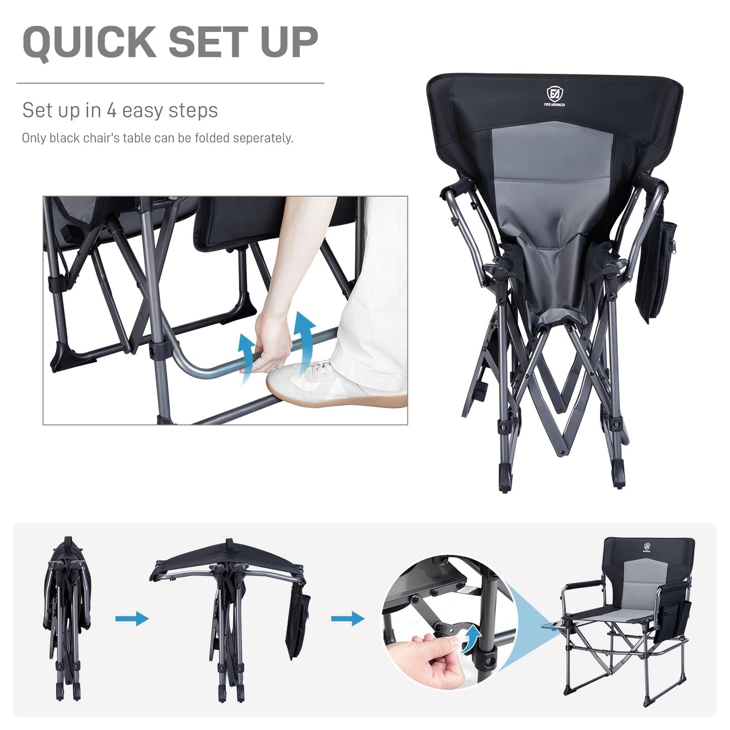 EVER ADVANCED Camping Directors' Chair with Side Table, Portable Folding with Compact Size, Heavy Duty Lawn Chair with Pocket for Camping, Lawn, Sports and Fishing, 400lbs, Black