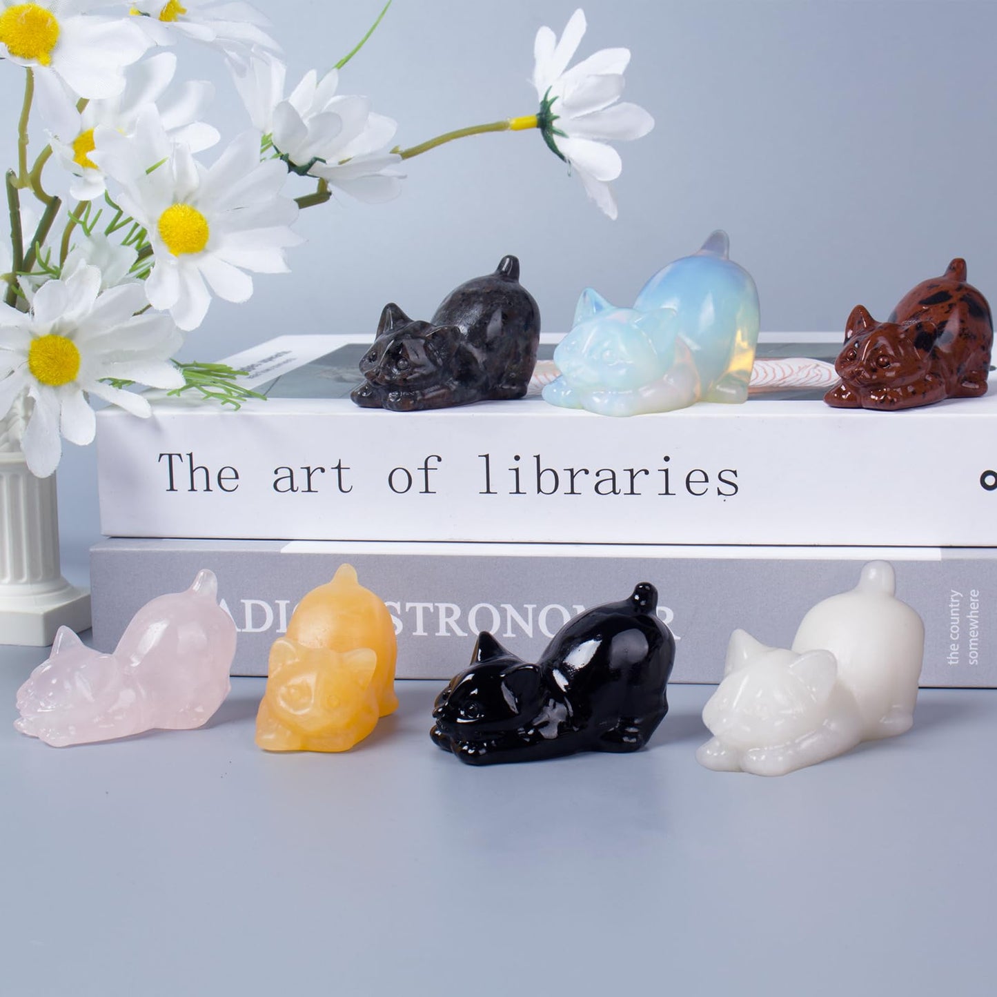 Rose Quartz Crystal Cat Figurines, 2 Inch Pink Kitten Statues for Kitten Lovers and Collectibles, Cat Decor Fingurines for Home Desk Office, Carved Healing Crystal Reiki Animal Gifts for Women