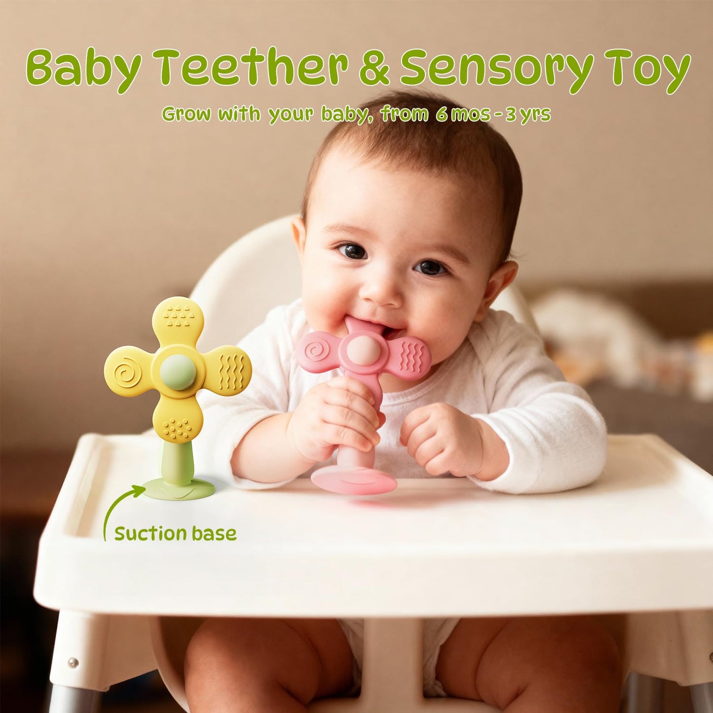 Windmill Baby Teething Toys, 2-in-1 Silicone Teether & Montessori Sensory Rattle Toy, BPA-Free Food Grade Baby Teether, 6-12 12-18 Toddler Boy Girl Essentials for Teething Relief, Green