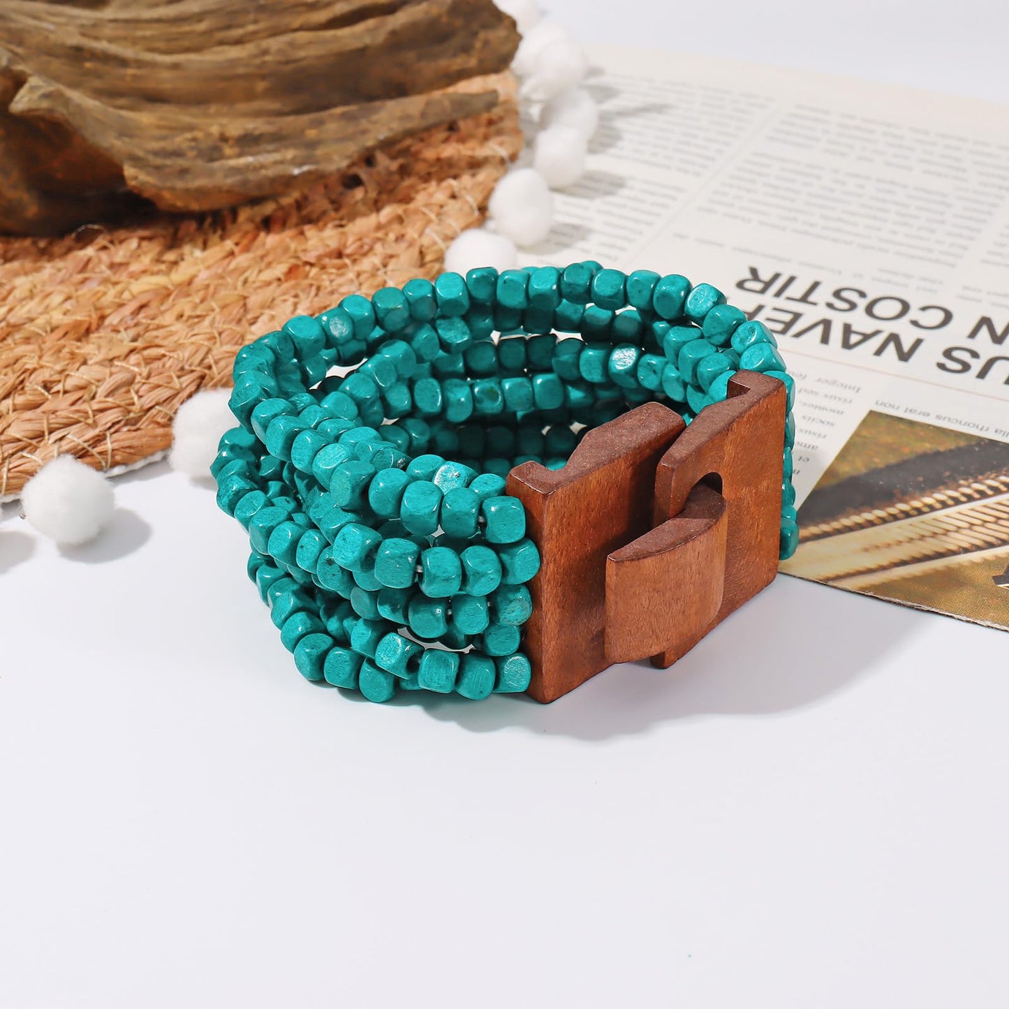 Coiris Boho Bangle Bracelets for Women Wooden Beaded Bracelets Chunky Bohemian Beach Bracelets Jewelry for Women(BR1235-Teal)