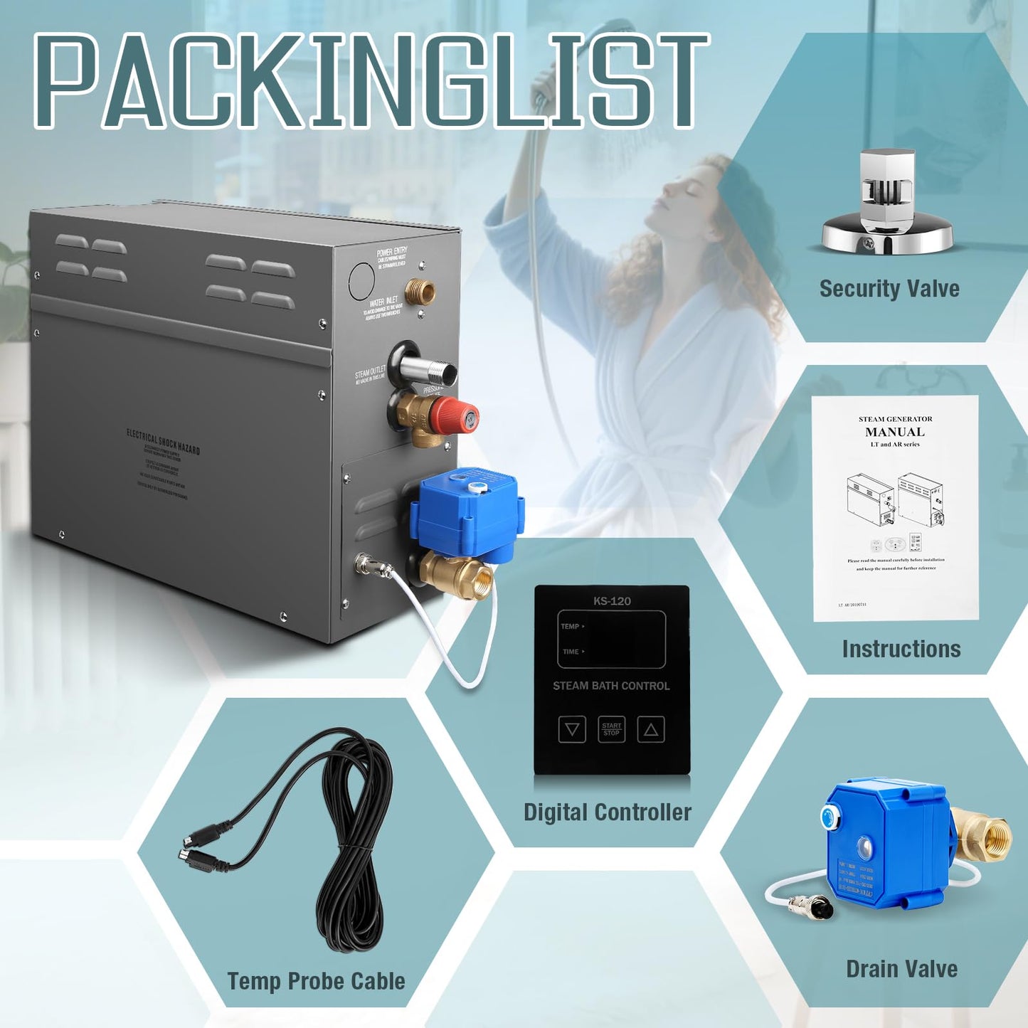 4KW Steam Generator-Quick start continuous steam，with Black digital control panel Self-Draining System, 95-131°F Temp Control,Can be used for heating a space area of 4m³/141Cu.ft. (4KW 220V)