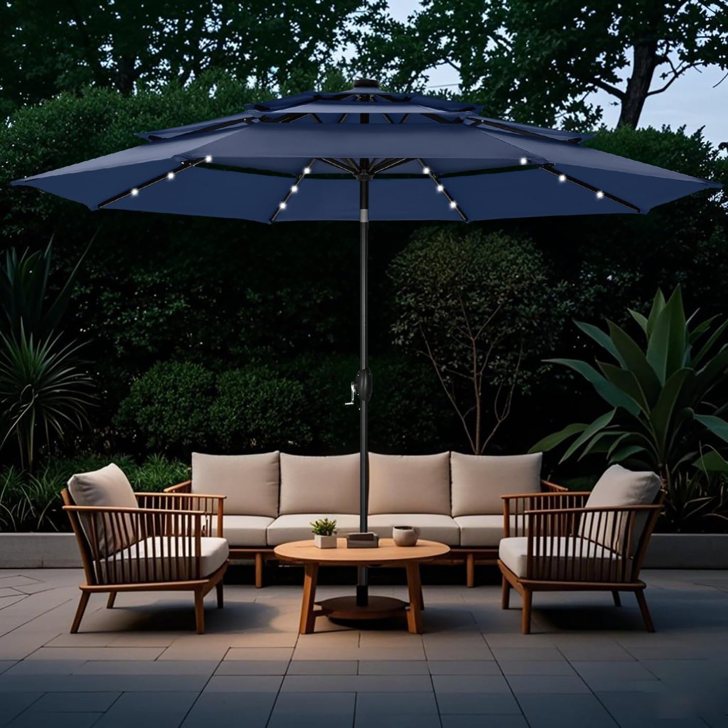 GREEN PARTY 10ft Patio Umbrella with Solar Lights, Auto-Tilt Lighted Market Table Umbrellas with Crank, 8 Sturdy Ribs & 1.5" Pole outdoor umbrellas for Patio Garden Deck Backyard Pool, Navy Blue
