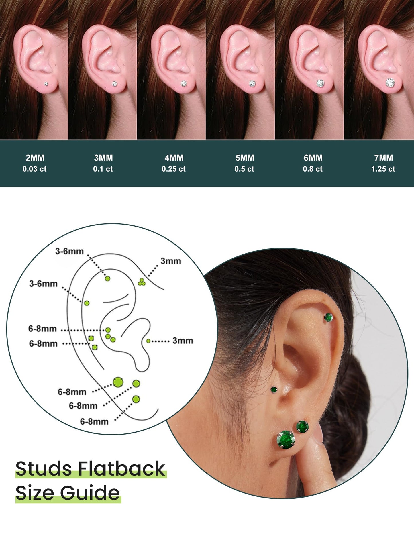 6 Pairs Stud Earrings Set Hypoallergenic Cubic Zirconia 316L Earrings Stainless Steel Earrings for Women (Green)