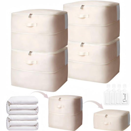 4 Pack Comforter Storage Bag, 68L Blanket Storage Bags Self Compression Comforter Organizer and Storages, Space Saving Washable Compression Bags for Blanket Bedding Pillow Duvet Quilt, Beige