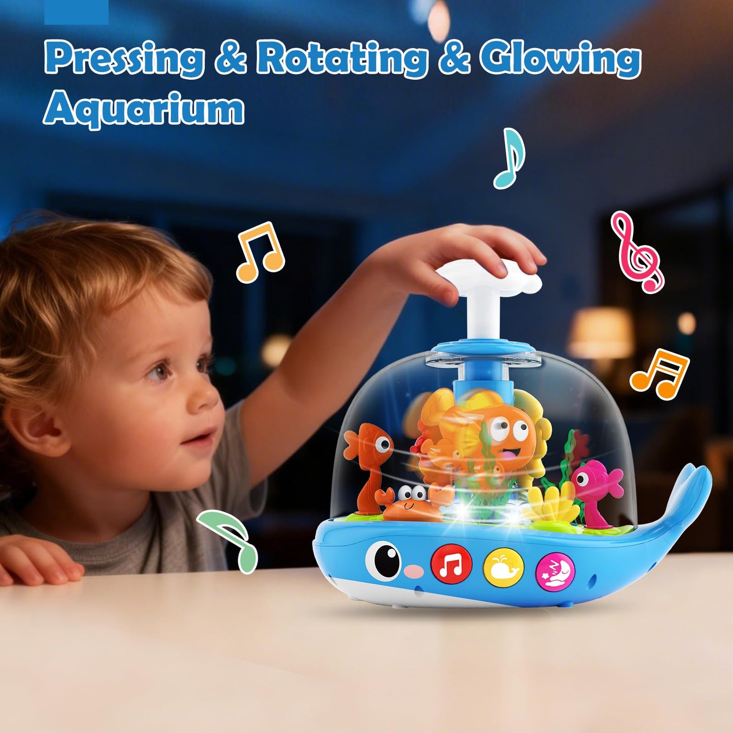 DUPHLAGT Baby Toys 6-12 Months - Toys for 1 Year Old Boy Girl Birthday Gift Press & Spin Aquarium Musical Light Up Infant Toys 12-18 Months - Bilingual Learning Toy for 1 2 Year Old (Blue)