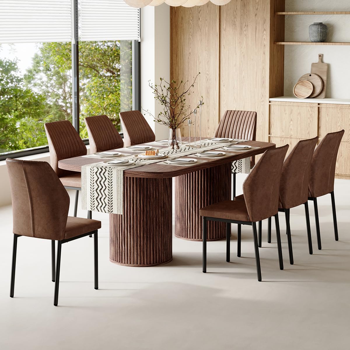 Rejeke 79" Dining Table Set for 8,Large Rectangular Kitchen Table Set for 8 with Cushioned Chairs,Modern Mid-Century Wood Dining Room Table Set,Ideal for Dining & Gatherings (Walnut)