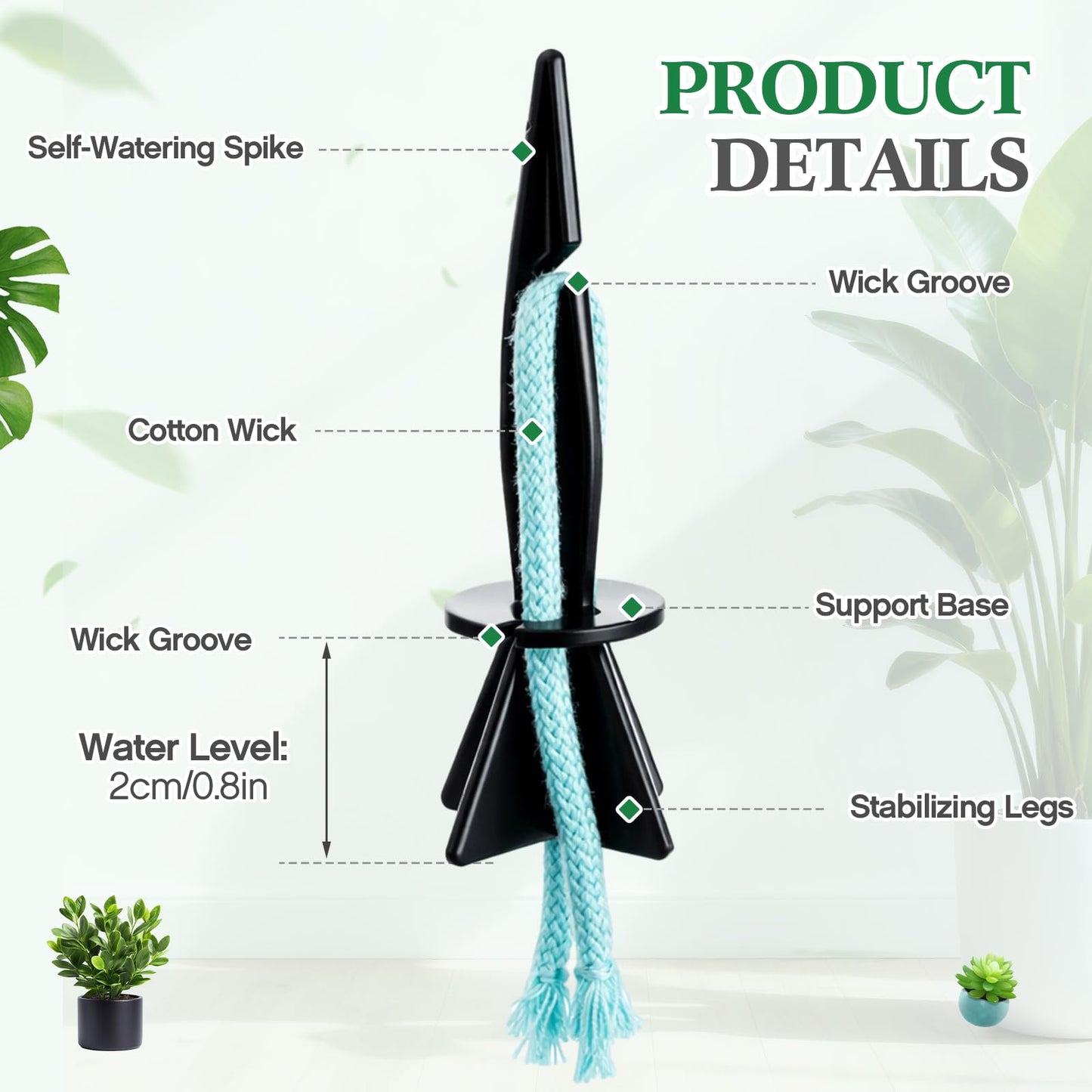 Singhoow 8 Pack Self Watering Spikes for Indoor Outdoor Plants, Automatic Plant Watering Stakes with 32.8ft Capillary Wick Rope, DIY Vacation Plant Waterer for Potted Plants, Seedlings, Garden Pots