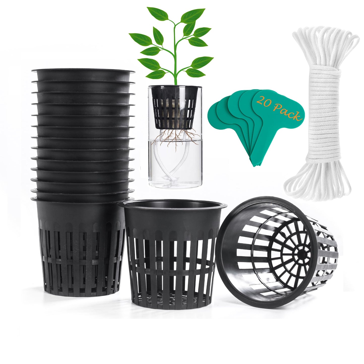ORIMERC 4 inch Net Pots, 20 Pack Net Cups with 20 feet Self-Watering Rope&Plant Labels, for Hydroponic Aquaponics Kratky Orchid Vegetable Indoor Outdoor Growing Baskets Nursery Slotted Mesh BPA Free