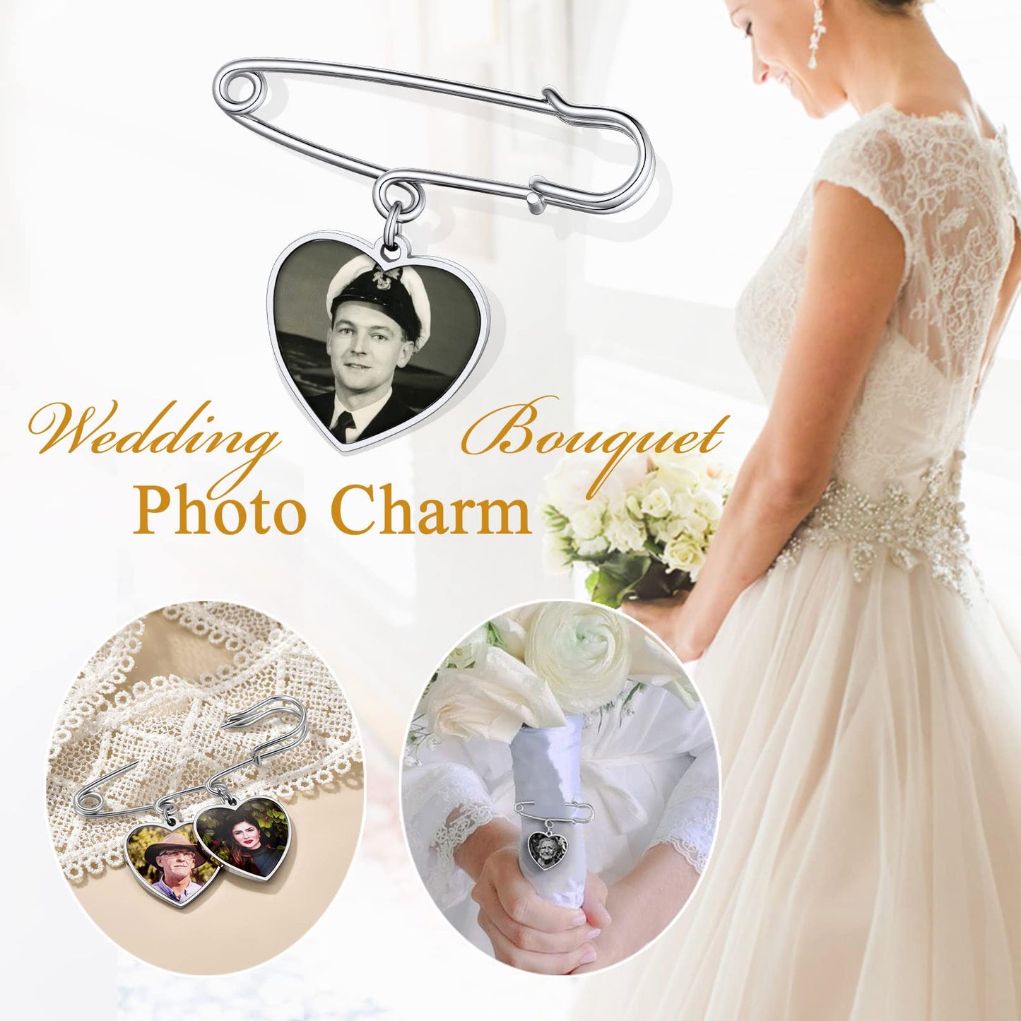Custom4U Wedding Boutonniere Heart Bouquet Charm Pin Customized Photo Charm for Mother of The Bride Groom Women Men