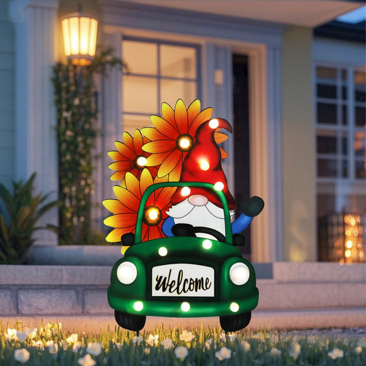 WONDER GARDEN Sunflower Yard Sign Decoration, 22.4" Metal Gnome Truck with LED Lighted, Outdoor Summer Garden Welcome Sign Stake, Outdoor Spring Truck Yard Decoration, Gift for Mom