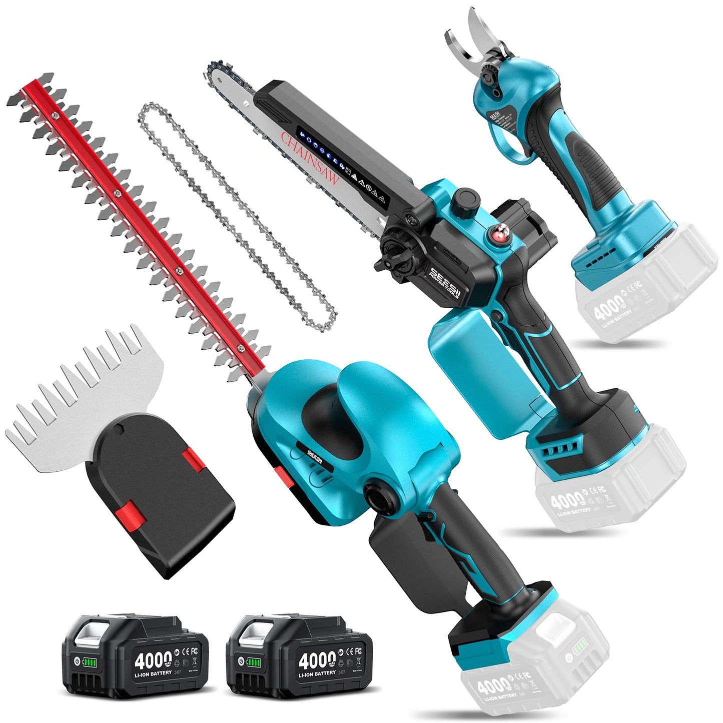 SEESII Electric Chainsaw Trimmer Pruner: 3-in-1 Cordless Chainsaw, Hedge Trimmer, Pruning Shears with 2× Rechargeable 4000mAh Batteries, Garden Tool Kit for Tree Trimming and Branch Cutting