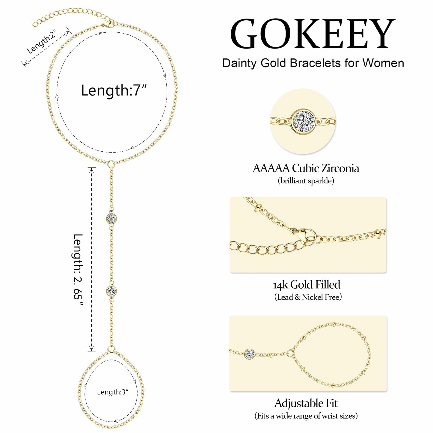 Gokeey Dainty Gold Ring Hand Chain Cubic Zirconia Bracelet Trendy 14K Gold Plated Hand Chains Bracelet for Women Simple Body Jewelry Set Trendy Birthday Gift