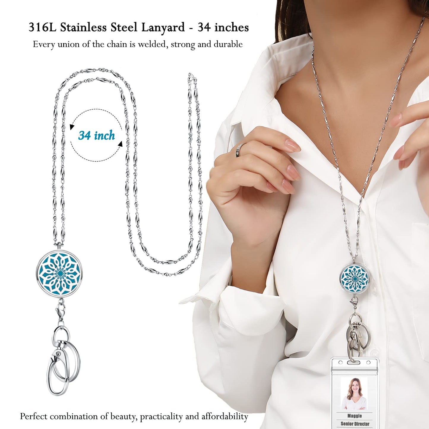 USANGERS Lanyards for ID Badges Women ID Badge Holder with Lanyard Keychain Long Bling Stainless Steel Silver Chain Nurse Nursing Office Work Jewelry Diffuser Necklace Teacher Lanyard Gifts Flower