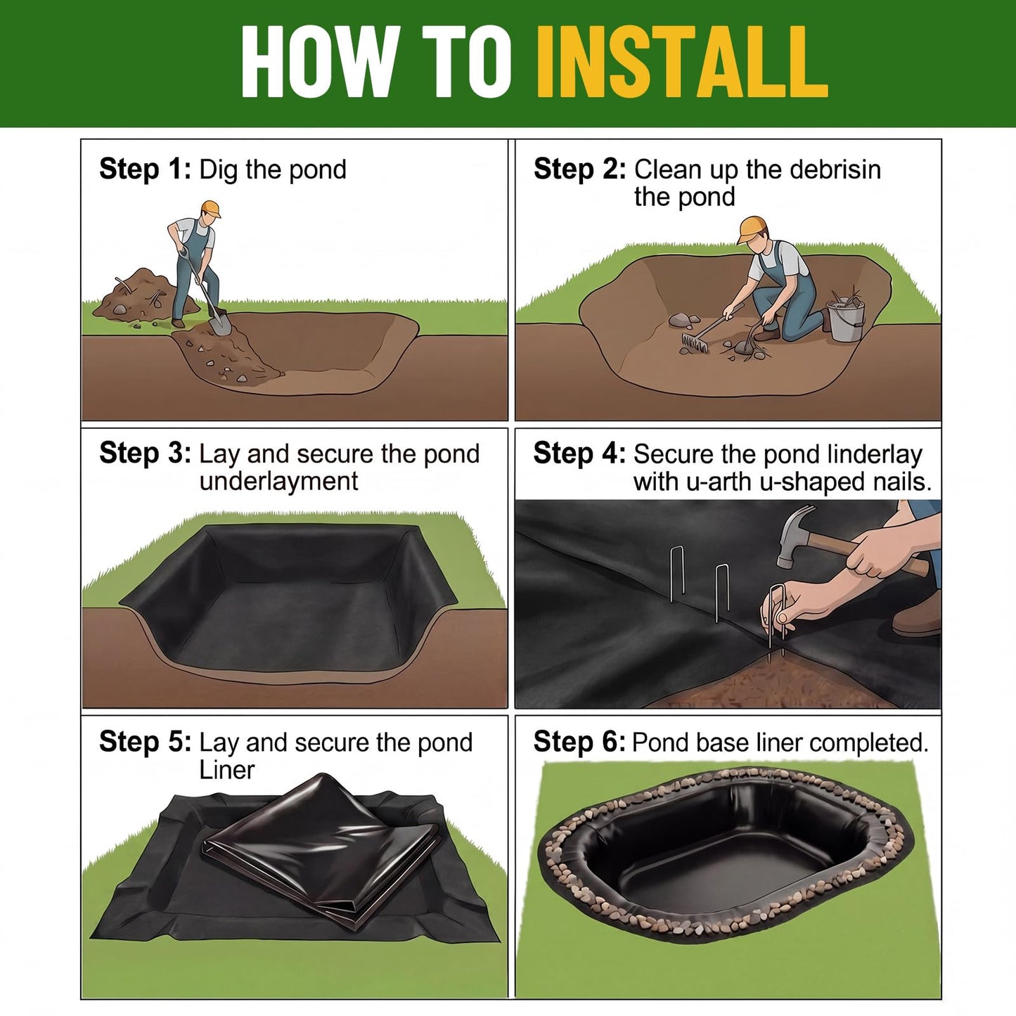 Fanfanwin 15 x 15 ft Pond Liner Underlayment 6oz Heavy Duty Black Non Woven Geotextile Underlayment Fabric with 10 U-pins for Outdoor Pond Streams Fountains Garden Waterfalls Fishpond Weed Barrier