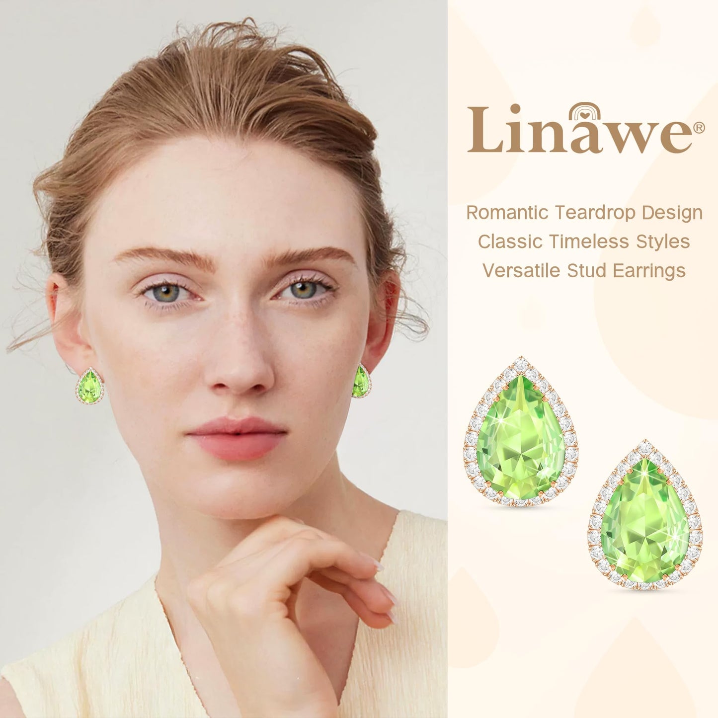 Linawe Green Imitation Diamond Morganite Stud Earrings for Women, Cubic Zirconia Rhinestone Crystal Iridescent Teardrop Earrings Studs Rose Gold, Wedding Bridal Bridesmaid Earrings