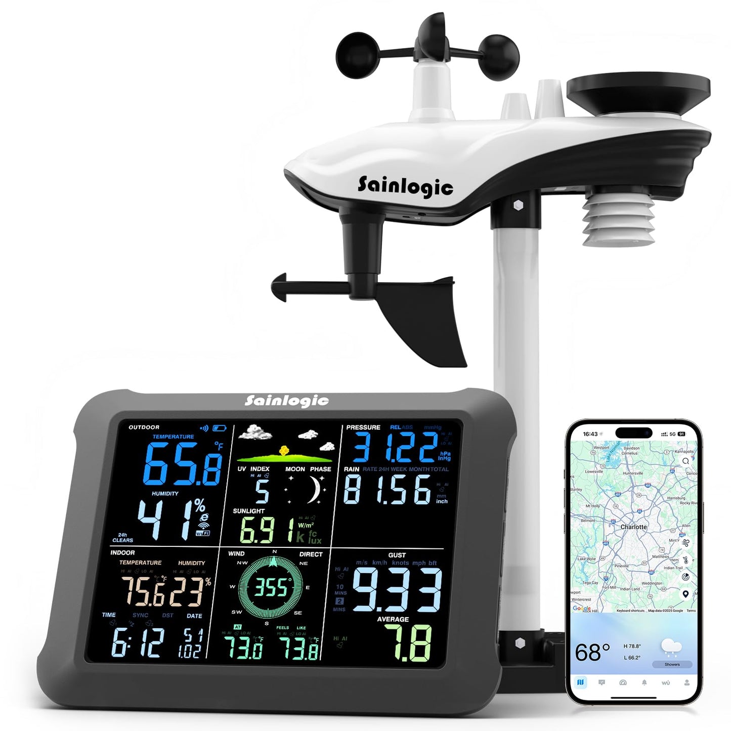 Sainlogic Smart WiFi Weather Station with 24H/7Days Accurate Weather Forecast by Weatherseed® AI, 8.5" Large Display,UV,Sun Light,Rain Gauge,Wind Gauge,2-Year Data Storage & Export, Only 2.4G