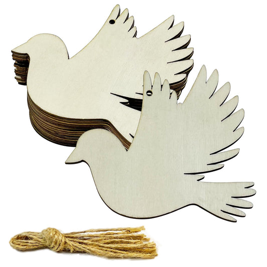 30pcs Unfinished Bird Wood DIY Crafts Cutouts Wooden Peace Dove Bird Shaped Hanging Ornaments with Hole Hemp Ropes Gift Tags for Wedding Birthday Christmas Party Decorations