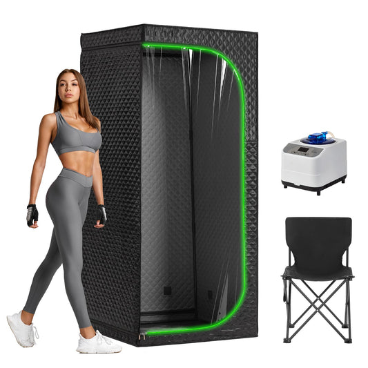 UNANEST Portable Full-Body Steam Sauna Tent for Home – Large Indoor Personal Sauna with 9 Heat Levels, 3L Steamer, Remote, Foldable Chair and Transparent Window (Quadrilateral, Black)