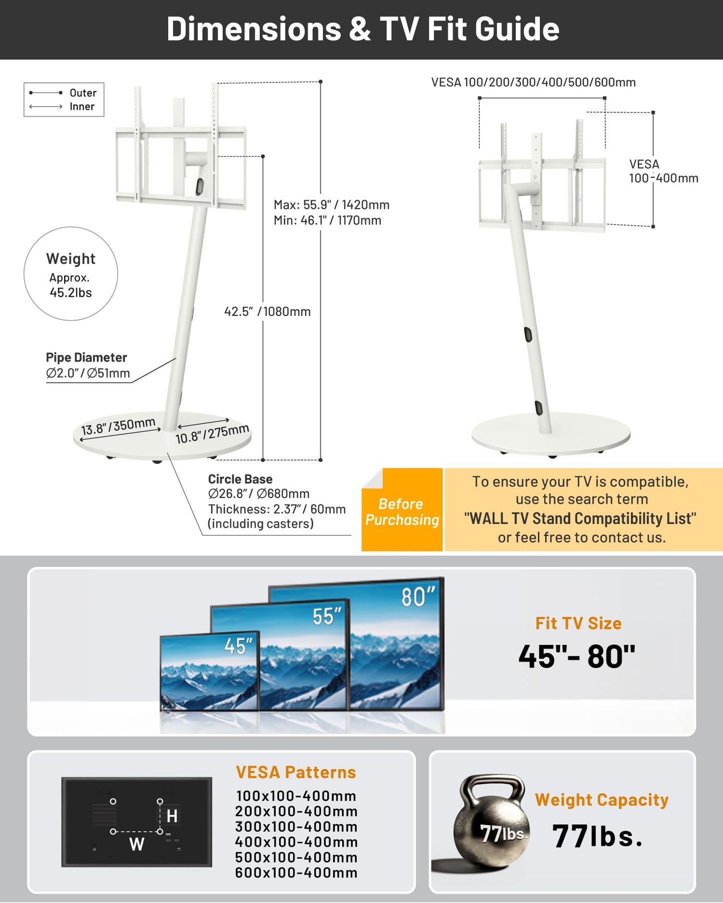WALL SEVEN STAND A2 Grand Mobile TV Stand with FLAMEBAR Electric Fireplace & Shelf | Fits 45–80" TVs | Satin White | 1500 Flame Color Combinations | WiFi Enabled, 750/1500W Heater, Space-Saving Design